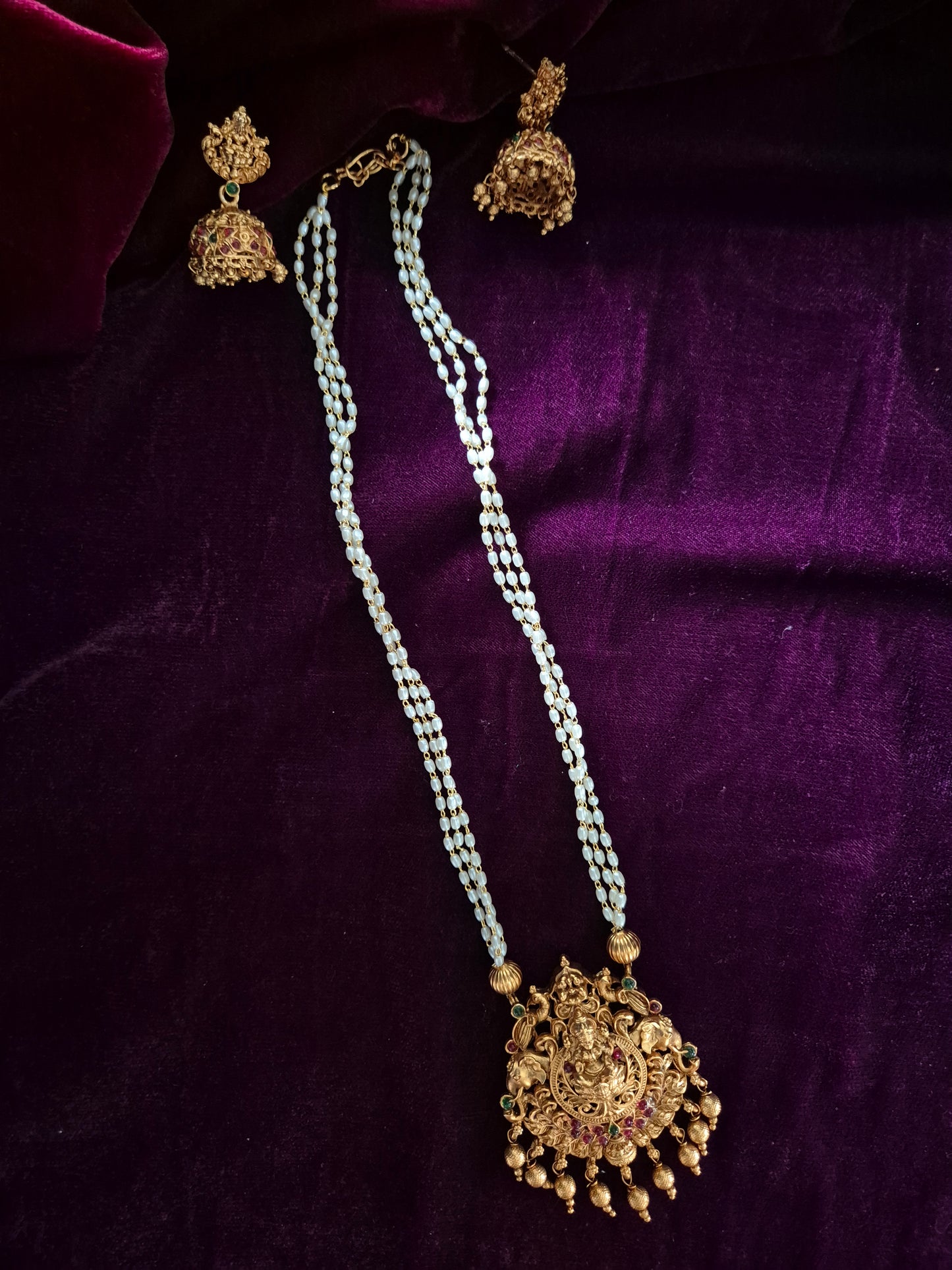 3 Layer Pearl Lakshmi Pendant Haram