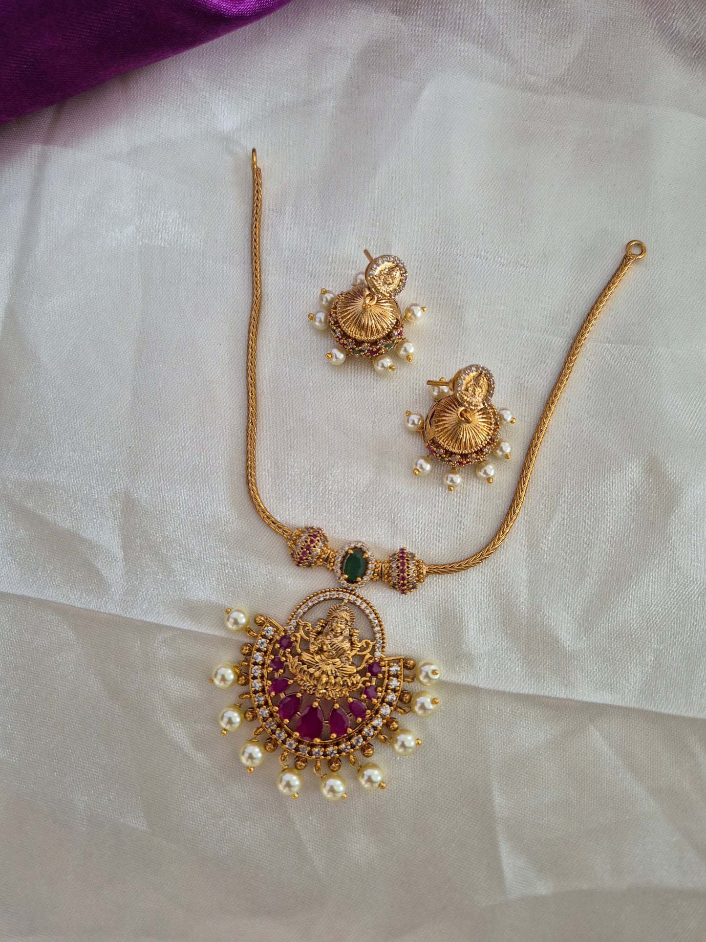 Lakshmi Pendant Attigai Necklace With Earrings Set
