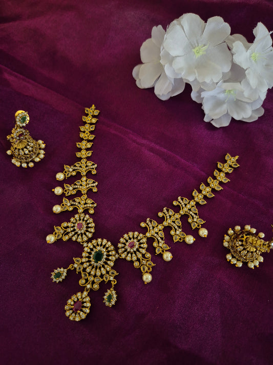 Ruby And Emerald Stone Necklace With Earrings Set