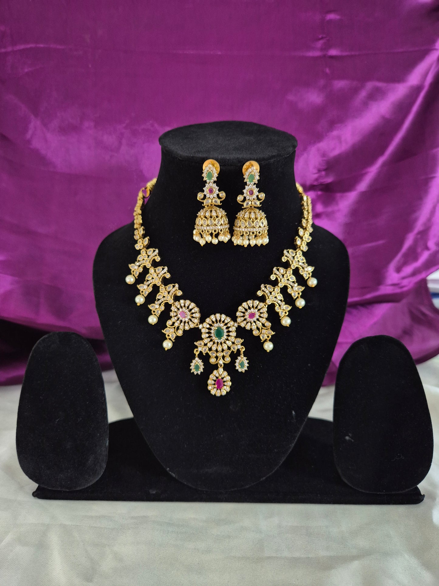Ruby And Emerald Stone Necklace With Earrings Set