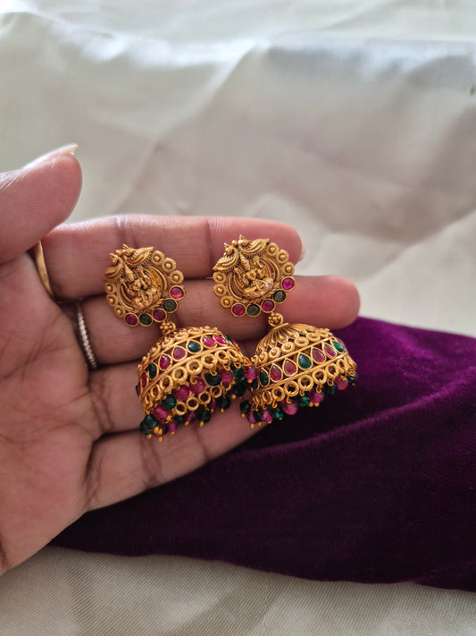 Kemp Ruby And Green Lakshmi Jhumkas