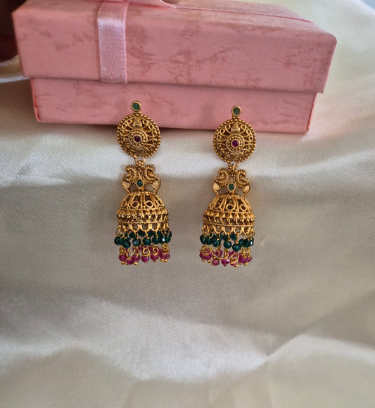 Antique Jhumkas With Multicolour Pearl
