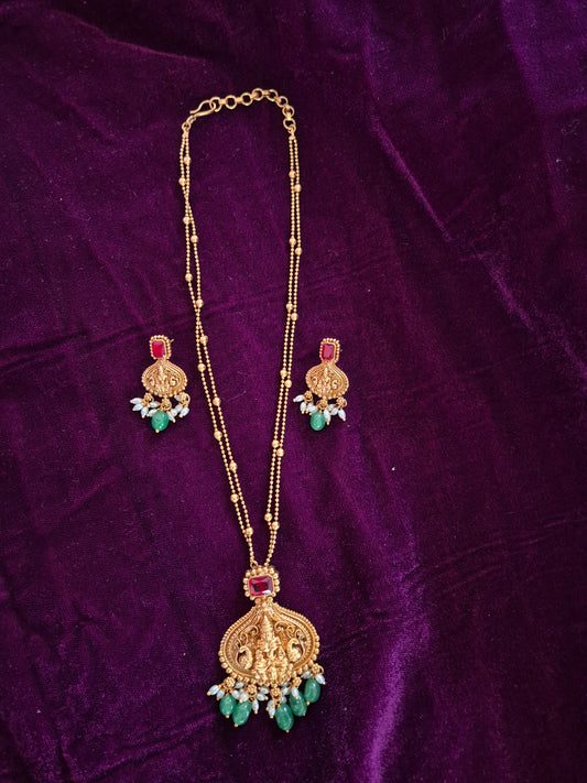2 Layer Chain With Lakshmi Pendant And Earrings