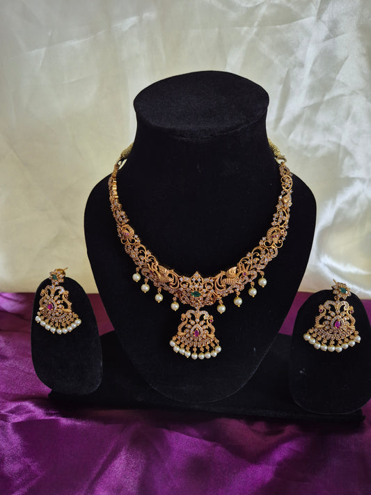 AD Peacock Necklace With Earrings Set