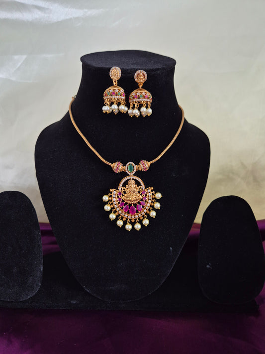 Lakshmi Pendant Attigai Necklace With Earrings Set