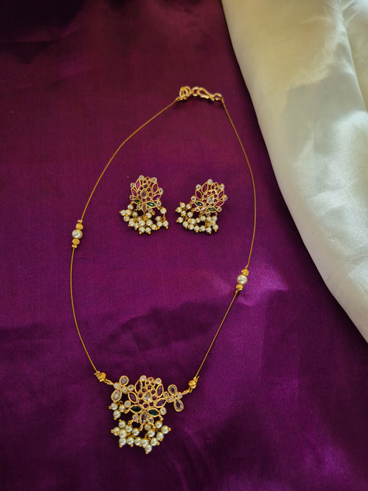Guttapusalu Lotus Pendant Invisible Necklace With Earrings Set